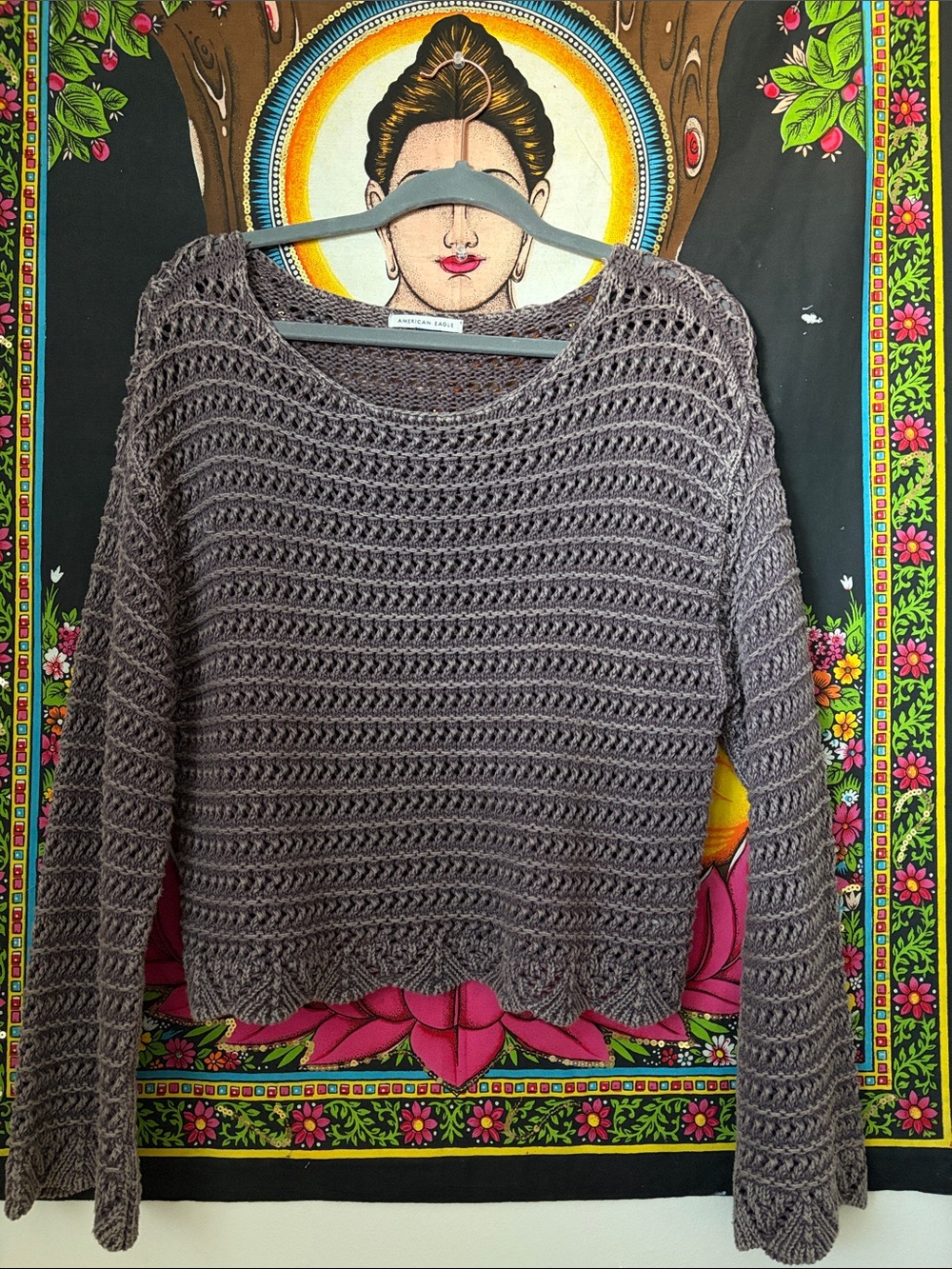 American Eagle Outfitters Crocheted Scoop-Neck Sweater in Gray